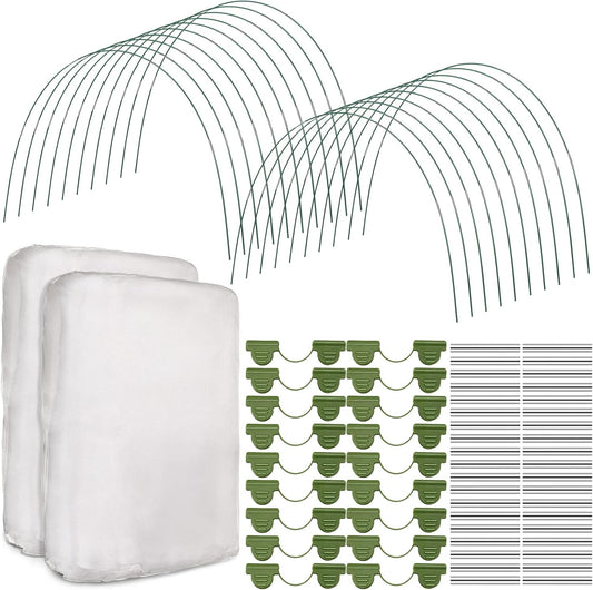 2 Set Garden Netting Kit for Raised Beds Ultra Fine Mesh Netting with 100 Hoops 72 Clips 80 Connectors for Garden Row Cover Vegetable Flowers Protection Barrier Plant Covers(10 x 33 ft)