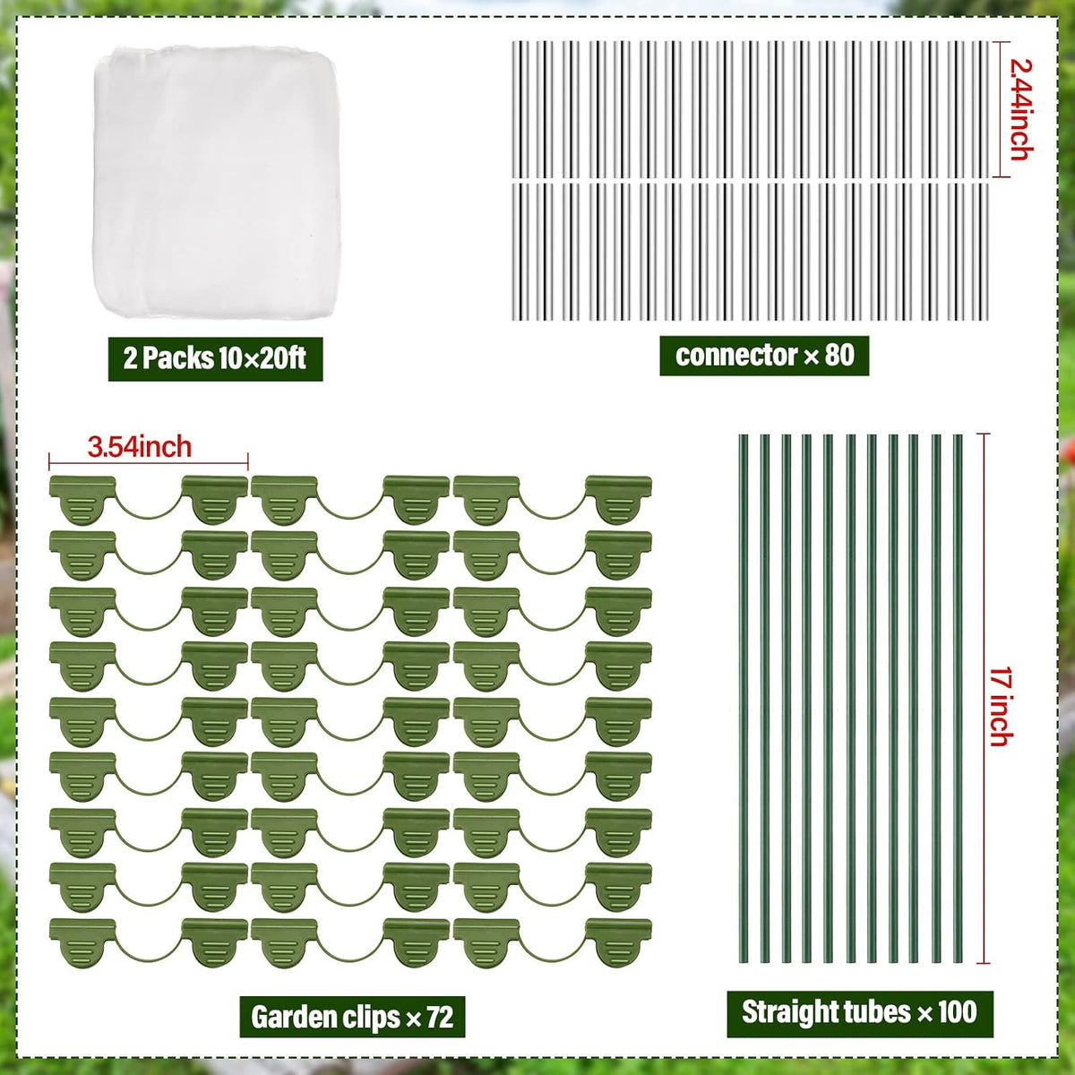 2 Set Garden Netting Kit for Raised Beds Ultra Fine Mesh Netting with 100 Hoops 72 Clips 80 Connectors for Garden Row Cover Vegetable Flowers Protection Barrier Plant Covers(10 x 33 ft)