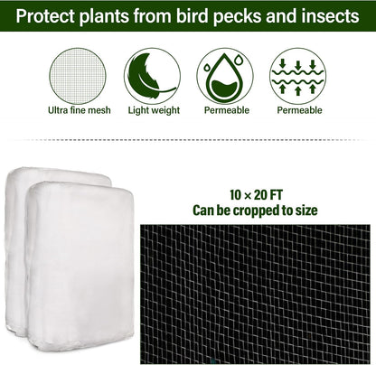 2 Set Garden Netting Kit for Raised Beds Ultra Fine Mesh Netting with 100 Hoops 72 Clips 80 Connectors for Garden Row Cover Vegetable Flowers Protection Barrier Plant Covers(10 x 33 ft)