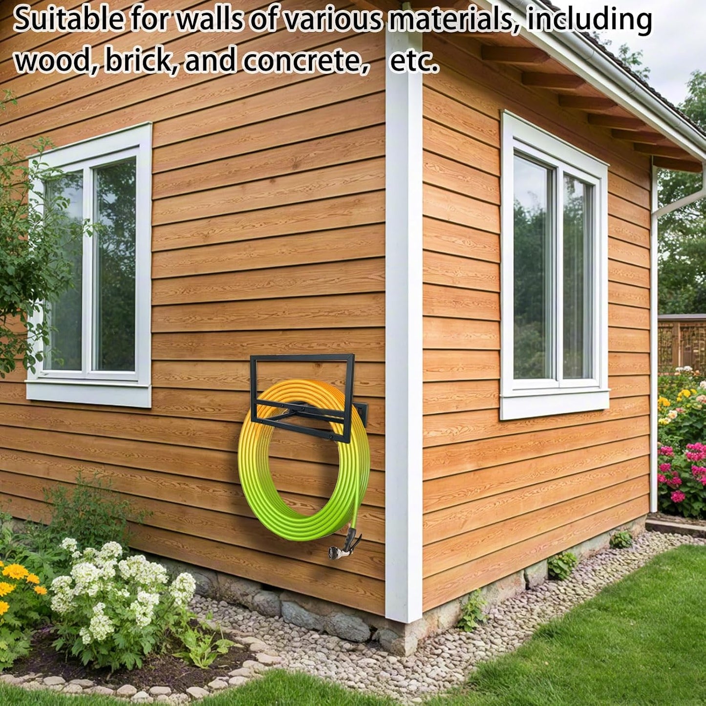 Garden Hose Holder Wall Mount,Water Hose Holders for Outside,Heavy Duty Hose Rack for 125-ft Hose Storage,Metal Hose Wall Mount Black Garden Hose Hanger