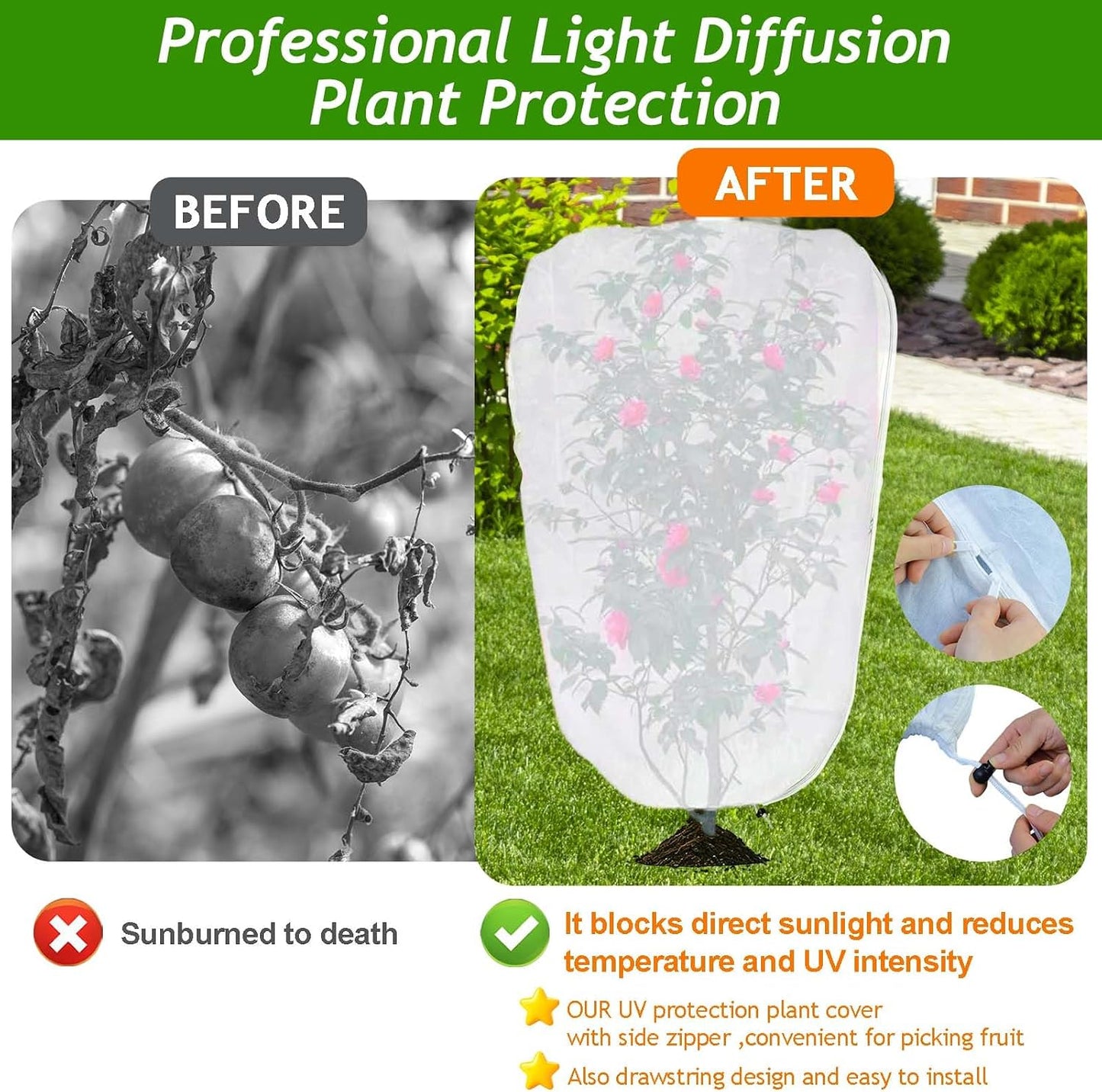 2Pcs 2.6 x 3.3Ft Garden Plant Shade Cover with Zipper Drawstring Non-Woven Sun Protection Plant Cover White Light Refraction Sunshade Cloth Netting for Small Plants, Potted Flowers