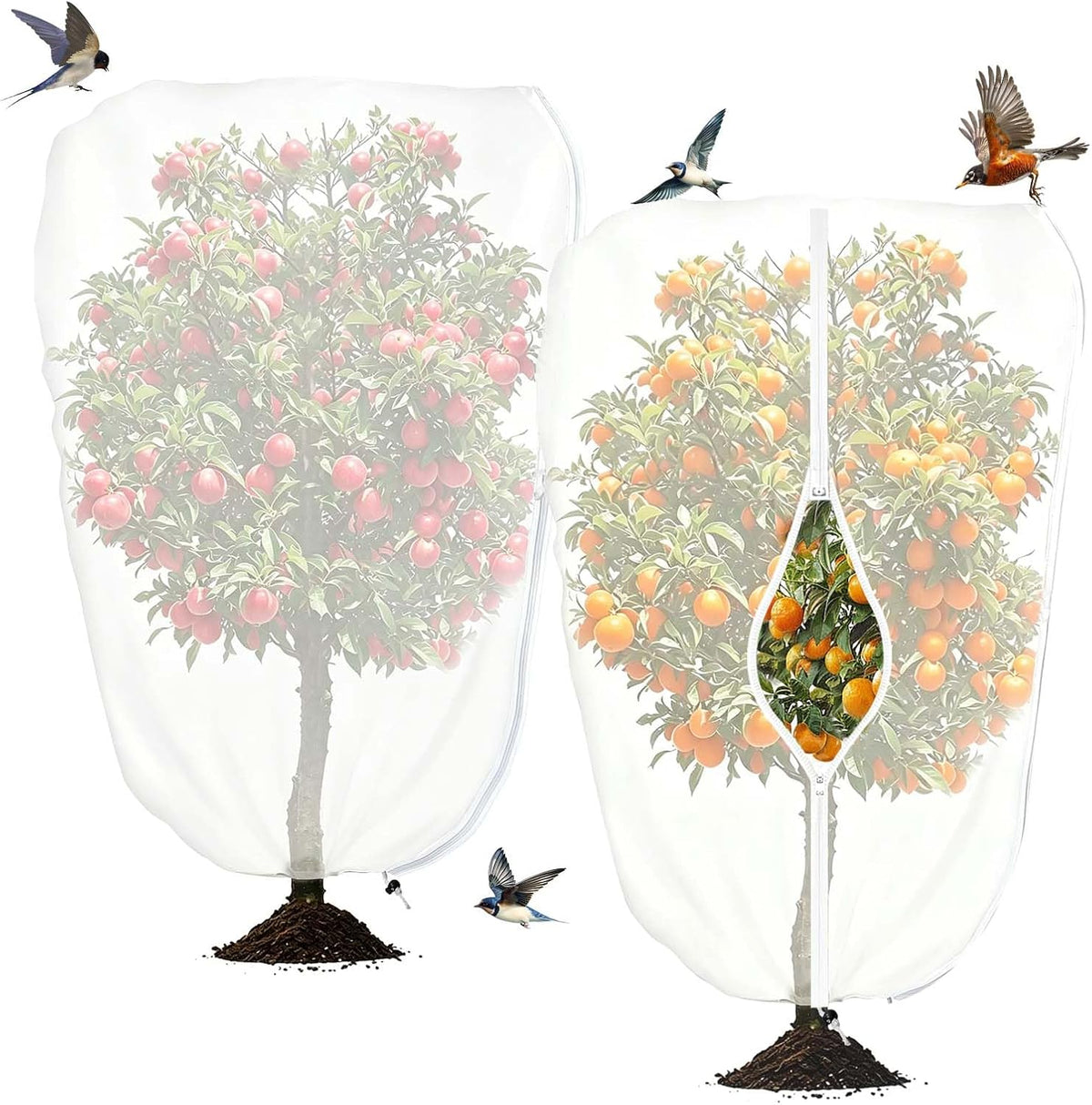 2Pcs 2.6 x 3.3Ft Garden Plant Shade Cover with Zipper Drawstring Non-Woven Sun Protection Plant Cover White Light Refraction Sunshade Cloth Netting for Small Plants, Potted Flowers