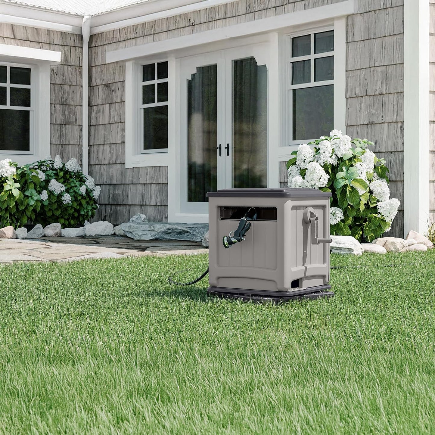 Swivel Smart Trak Hose Hideaway, 225 Foot x 5/8 Inch Garden Hose Reel with Smart Trak Guide & Swivel Base, Dove Gray/Cyberspace