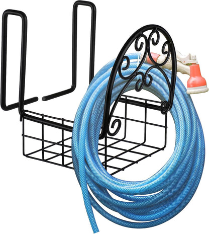 2 Pack Hose Holder Wall Mount with Tool Storage Basket Garden Heavy Duty Hose Holder Hanger Fits 3/4 Inch to 1-1/4 Inch Railing for Expandable Reel Water Pocket Flexible Hook