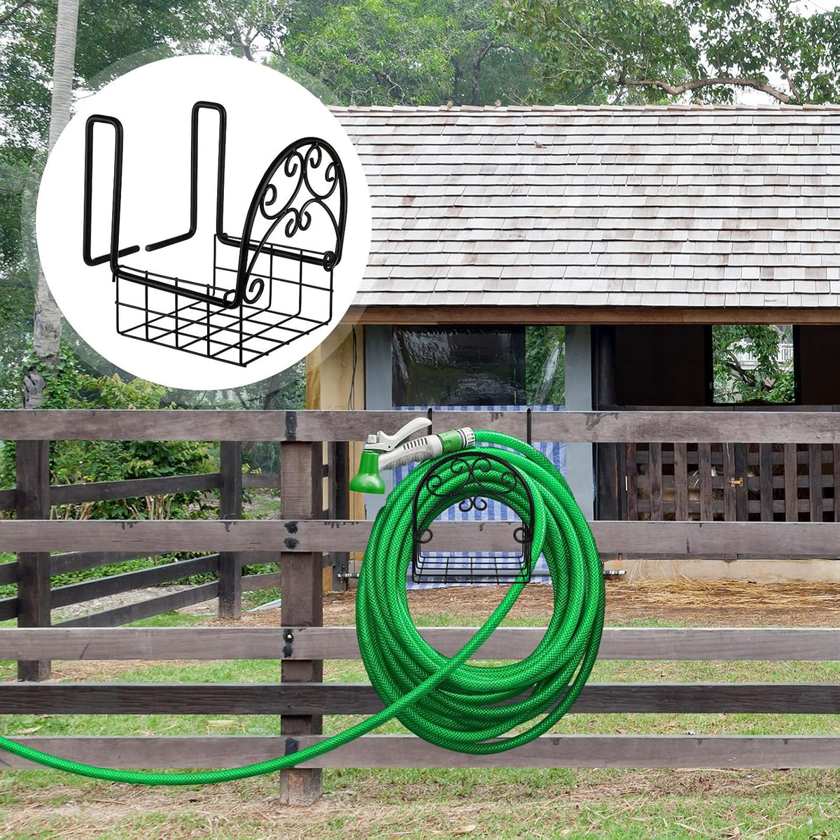 2 Pack Hose Holder Wall Mount with Tool Storage Basket Garden Heavy Duty Hose Holder Hanger Fits 3/4 Inch to 1-1/4 Inch Railing for Expandable Reel Water Pocket Flexible Hook