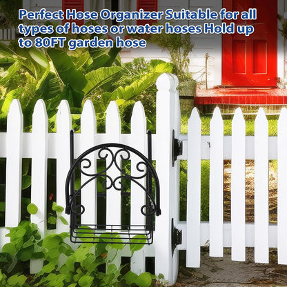 2 Pack Hose Holder Wall Mount with Tool Storage Basket Garden Heavy Duty Hose Holder Hanger Fits 3/4 Inch to 1-1/4 Inch Railing for Expandable Reel Water Pocket Flexible Hook
