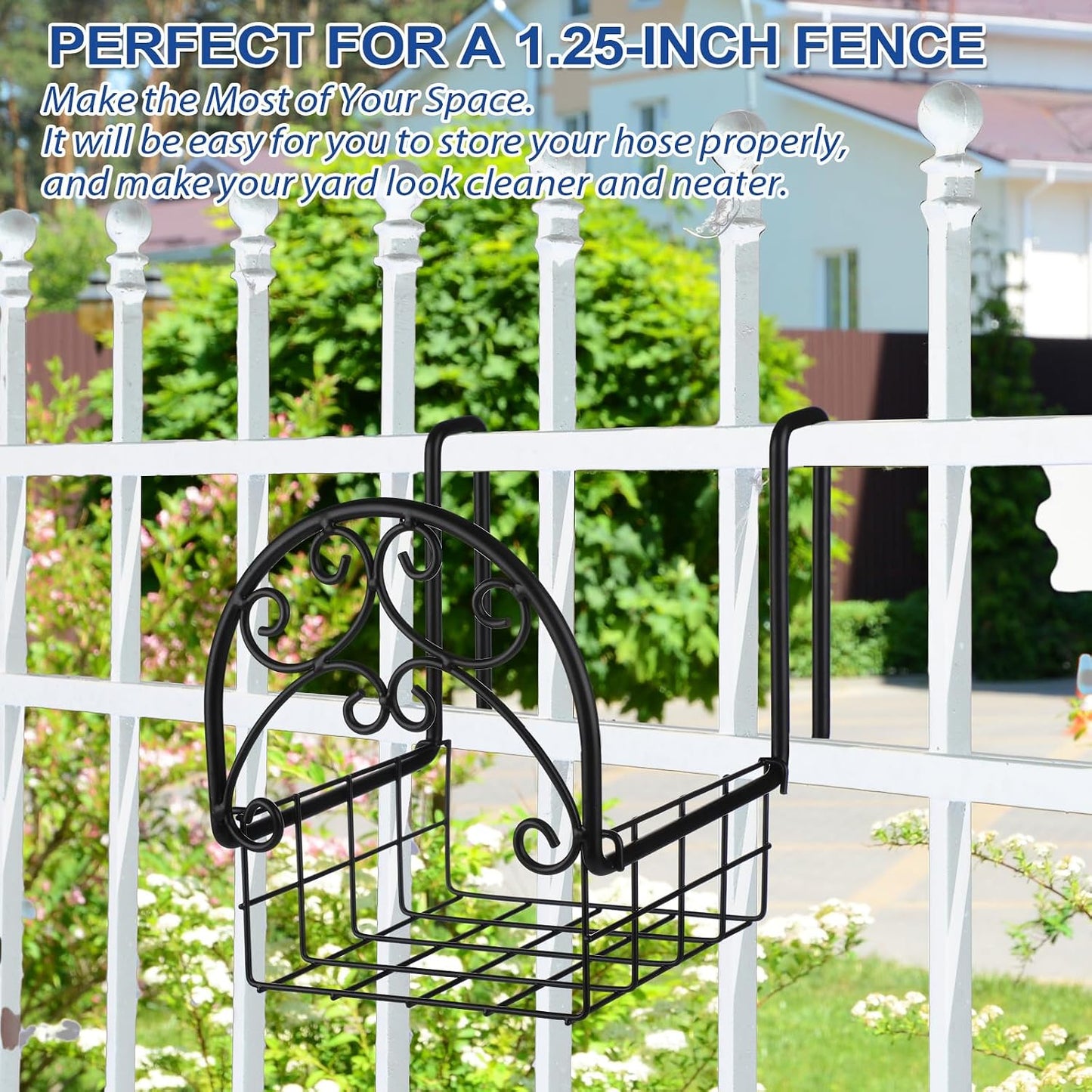 2 Pack Hose Holder Wall Mount with Tool Storage Basket Garden Heavy Duty Hose Holder Hanger Fits 3/4 Inch to 1-1/4 Inch Railing for Expandable Reel Water Pocket Flexible Hook