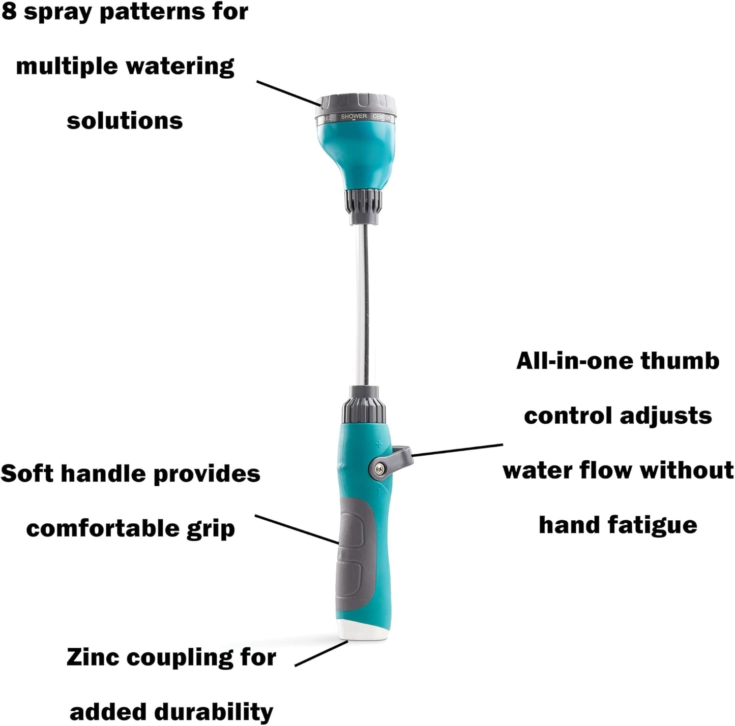 Medium Duty Watering Wand Hose Sprayer, 8 Pattern Watering Wand for Garden Hose, 15.25" Reach
