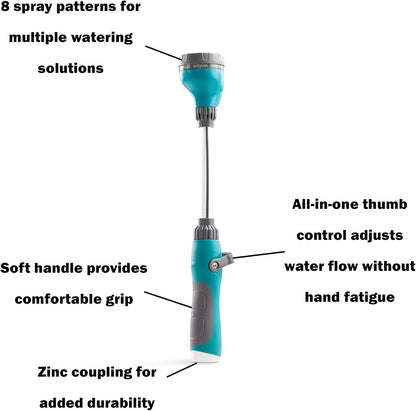 Medium Duty Watering Wand Hose Sprayer, 8 Pattern Watering Wand for Garden Hose, 15.25" Reach