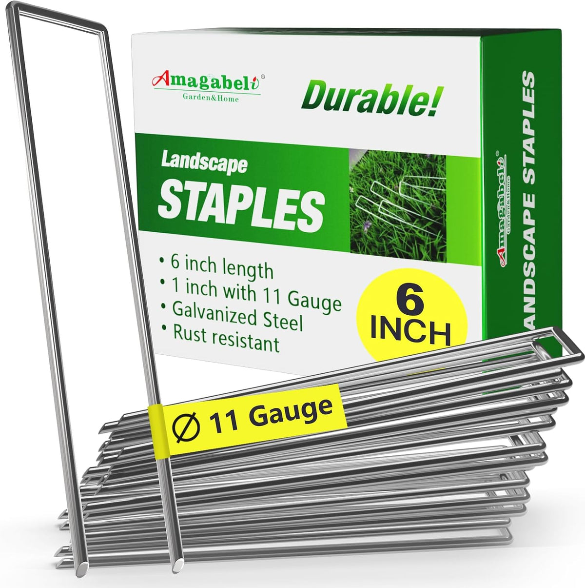 AMAGABELI 6 Inch 200 Pack Galvanized Landscape Staples 11 Gauge Anti-Rust Heavy Duty Garden Stakes Plant Cover Spikes U-Shaped Sod Pins Fence Stakes for Weed Barrier,Irrigation Tubing,Lawns,Decoration