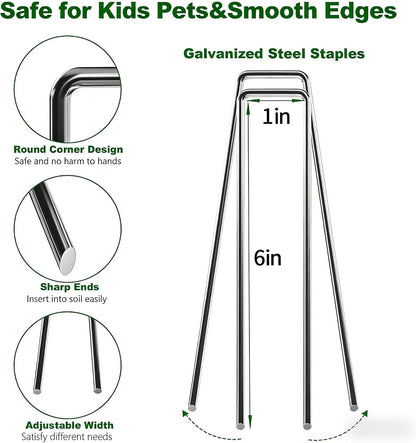 AMAGABELI 6 Inch 200 Pack Galvanized Landscape Staples 11 Gauge Anti-Rust Heavy Duty Garden Stakes Plant Cover Spikes U-Shaped Sod Pins Fence Stakes for Weed Barrier,Irrigation Tubing,Lawns,Decoration