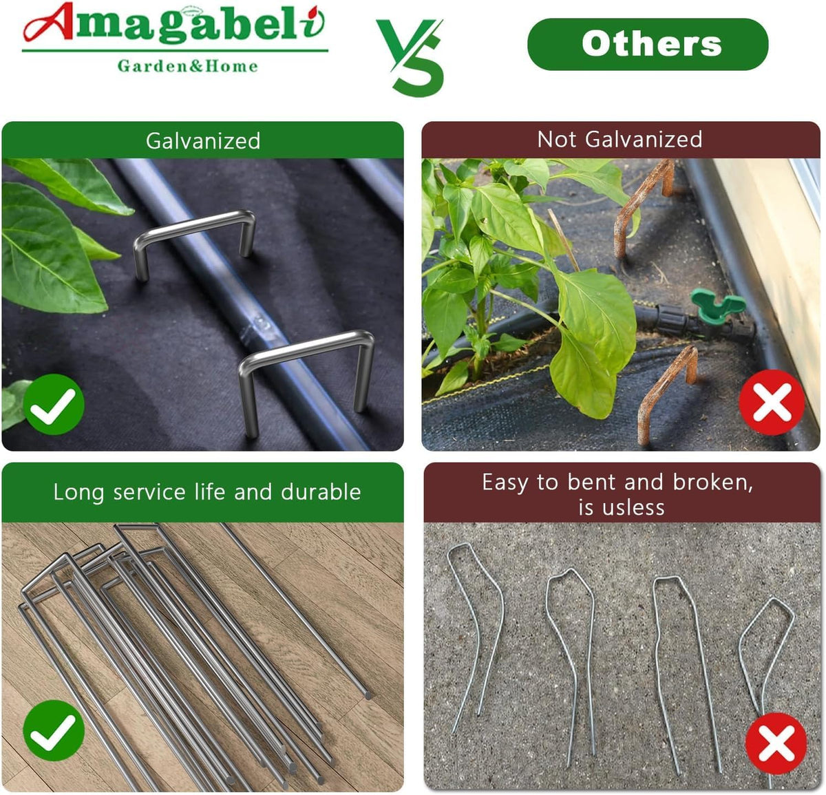 AMAGABELI 6 Inch 200 Pack Galvanized Landscape Staples 11 Gauge Anti-Rust Heavy Duty Garden Stakes Plant Cover Spikes U-Shaped Sod Pins Fence Stakes for Weed Barrier,Irrigation Tubing,Lawns,Decoration
