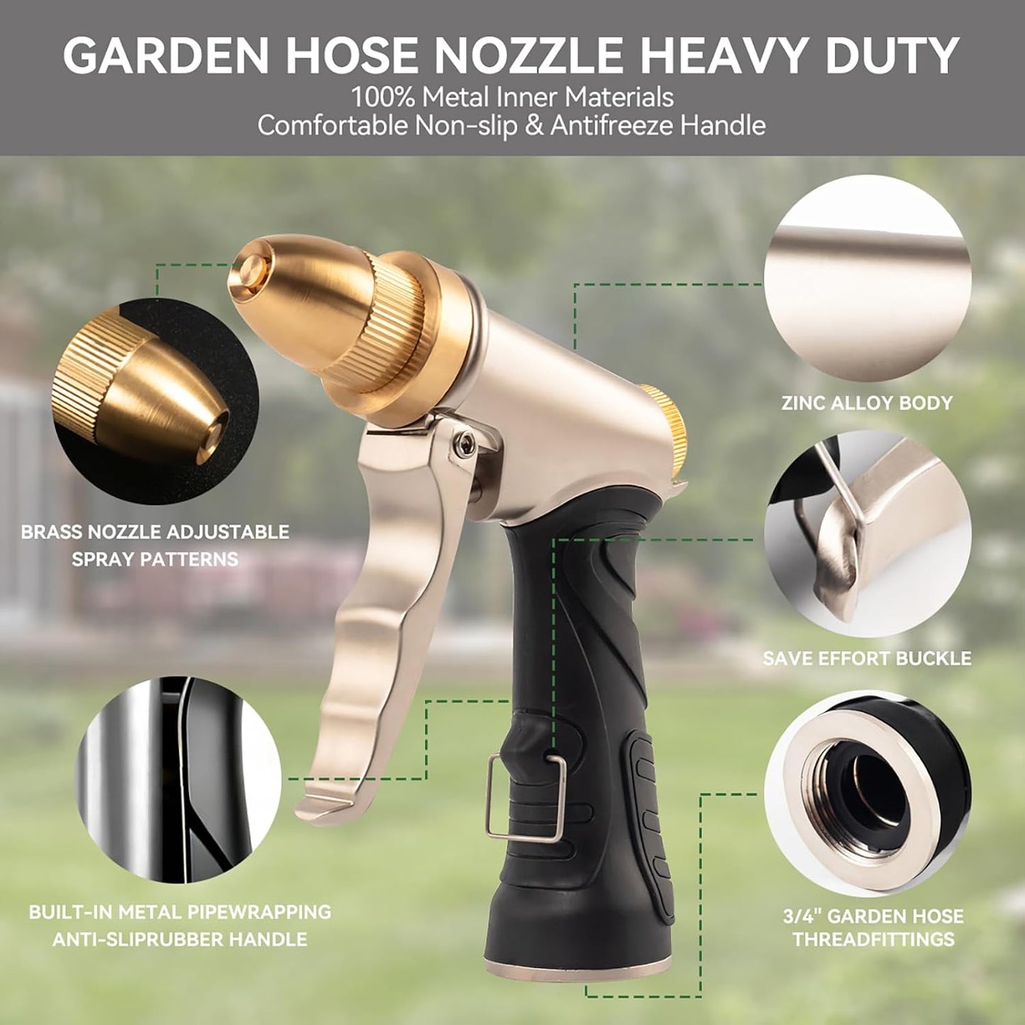 Metal Garden Hose Nozzle Spray - Heavy Duty 4 Spray Patterns 360° Rotating, Ergonomic Handle, Leak-Proof Fit for Watering, Cleaning, Car Wash(Upgrade nozzle)