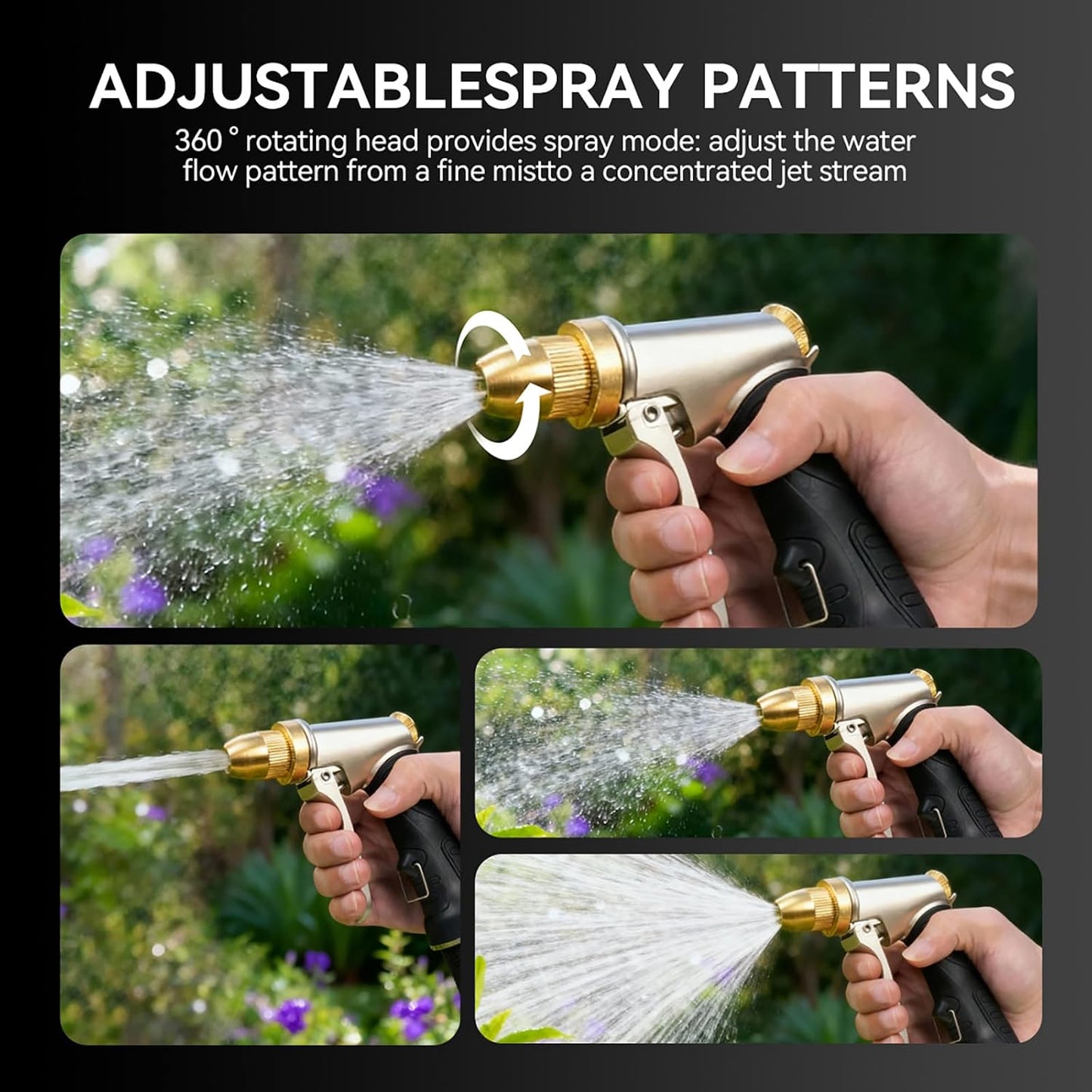 Metal Garden Hose Nozzle Spray - Heavy Duty 4 Spray Patterns 360° Rotating, Ergonomic Handle, Leak-Proof Fit for Watering, Cleaning, Car Wash(Upgrade nozzle)