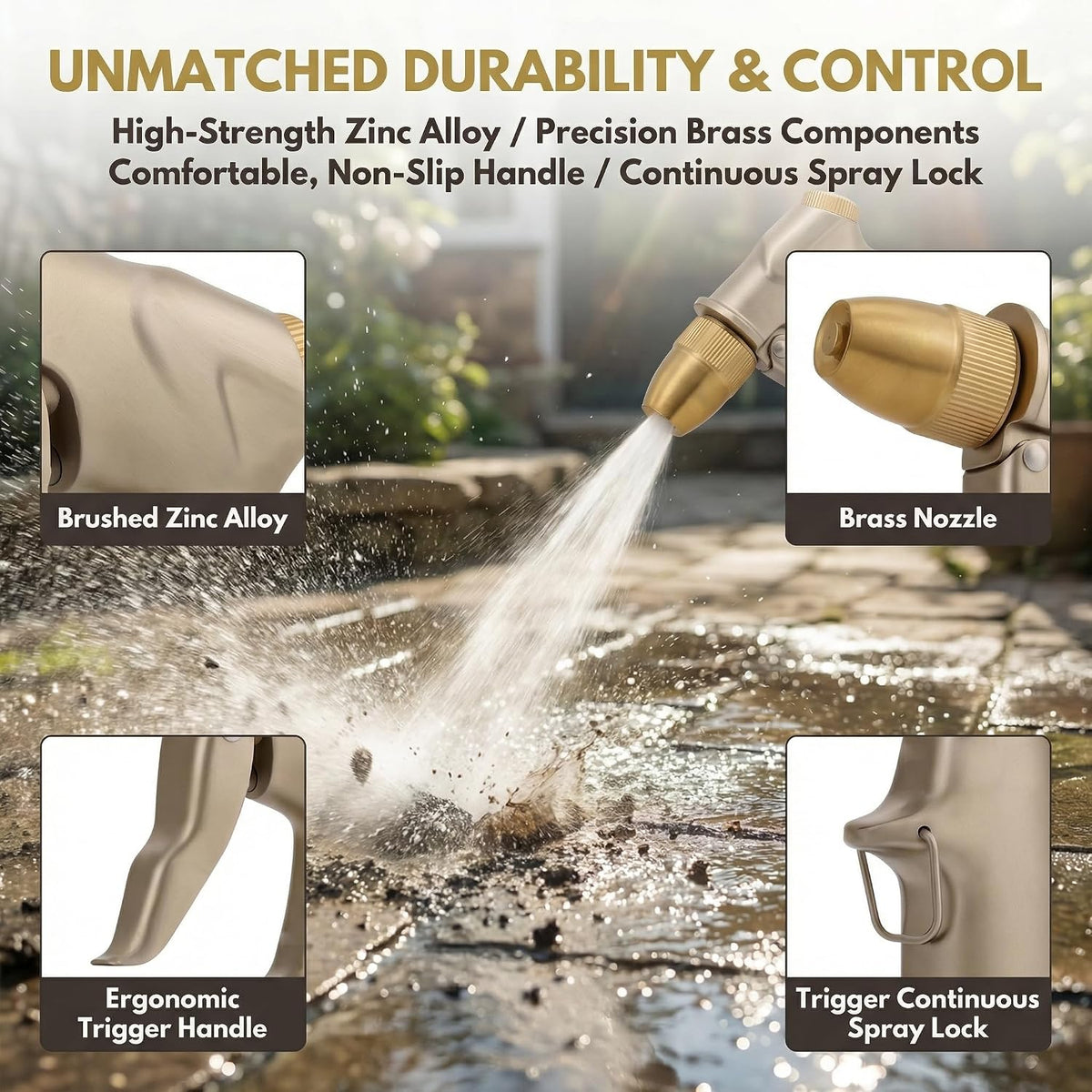 Metal Garden Hose Nozzle Spray - Heavy Duty 4 Spray Patterns 360° Rotating, Ergonomic Handle, Leak-Proof Fit for Watering, Cleaning, Car Wash(Upgrade nozzle)