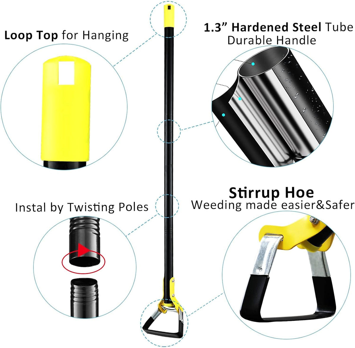 Hoe Garden Tool -Scuffle Garden Hoes for Weeding Gardening Long Handle Heavy Duty - Adjustable Weeding Loop Stirrup Hoe 30-61 Inch Black