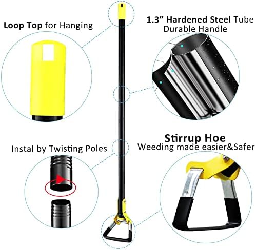 Hoe Garden Tool -Scuffle Garden Hoes for Weeding Gardening Long Handle Heavy Duty - Adjustable Weeding Loop Stirrup Hoe 30-61 Inch Black