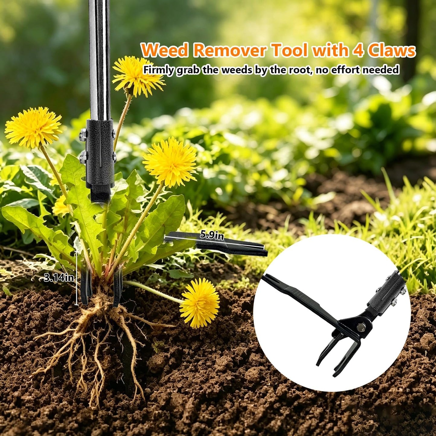Weed Puller Tool Stand Up Hand Weeder Tool with Adjustable Long Handle, Weed Remover with Steel Head, Remove Weeds Root Easily without Bending, Pulling or Kneeling for Lawn Yard Garden (4 CLAWS)
