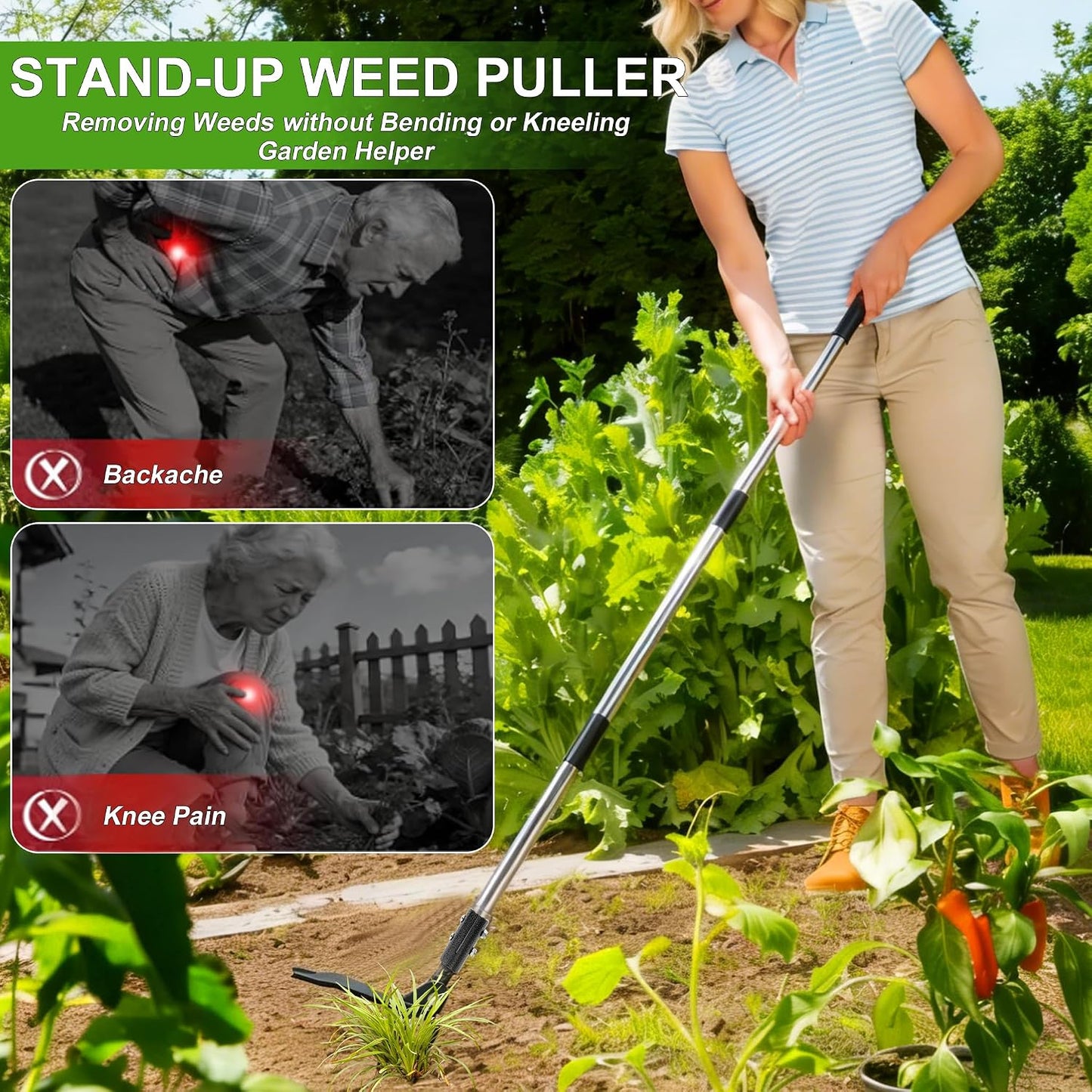 Weed Puller Tool Stand Up Hand Weeder Tool with Adjustable Long Handle, Weed Remover with Steel Head, Remove Weeds Root Easily without Bending, Pulling or Kneeling for Lawn Yard Garden (4 CLAWS)