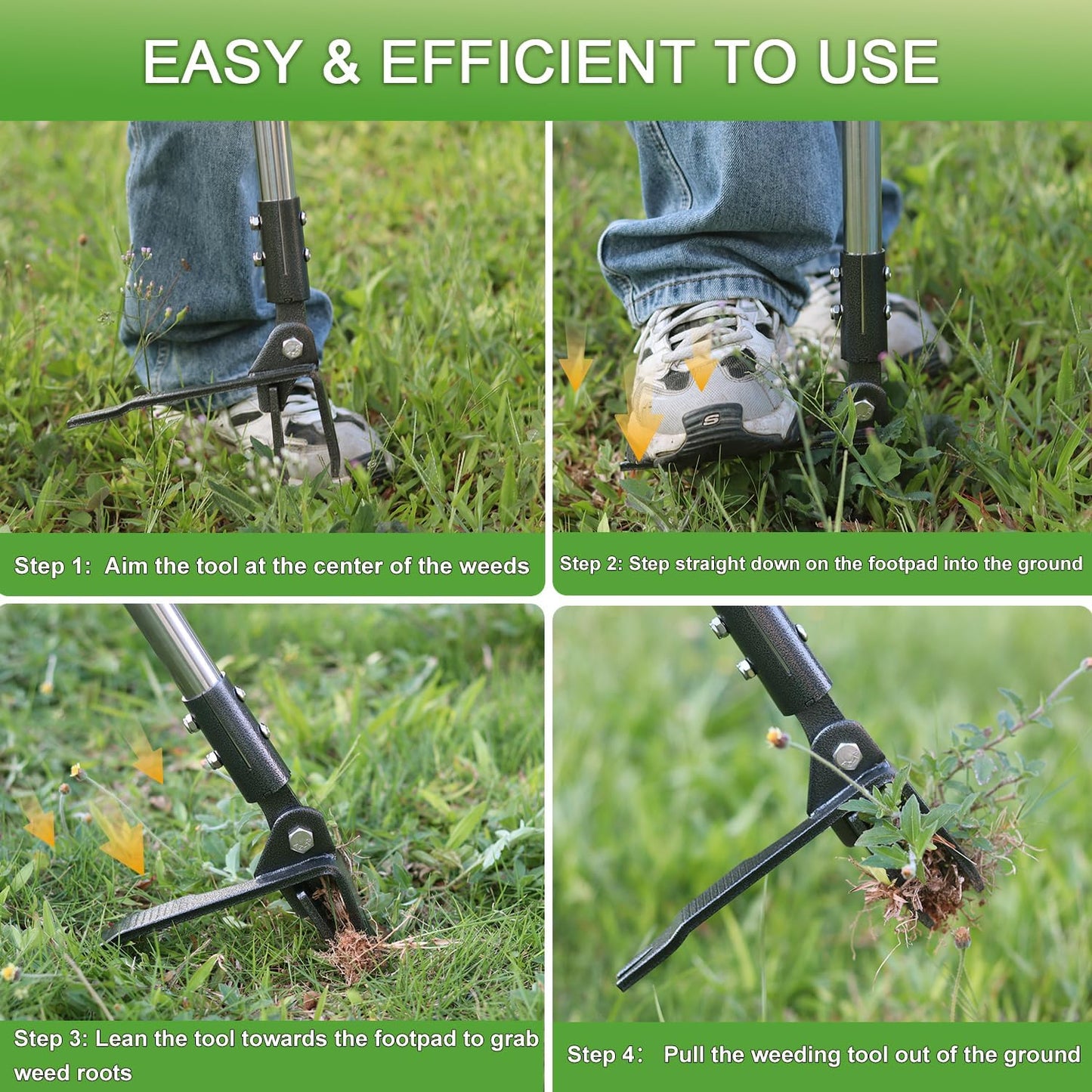 Weed Puller Tool Stand Up Hand Weeder Tool with Adjustable Long Handle, Weed Remover with Steel Head, Remove Weeds Root Easily without Bending, Pulling or Kneeling for Lawn Yard Garden (4 CLAWS)