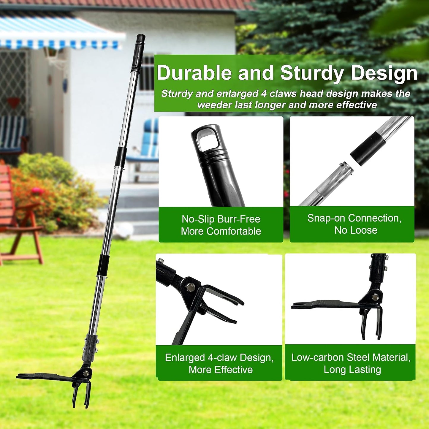 Weed Puller Tool Stand Up Hand Weeder Tool with Adjustable Long Handle, Weed Remover with Steel Head, Remove Weeds Root Easily without Bending, Pulling or Kneeling for Lawn Yard Garden (4 CLAWS)