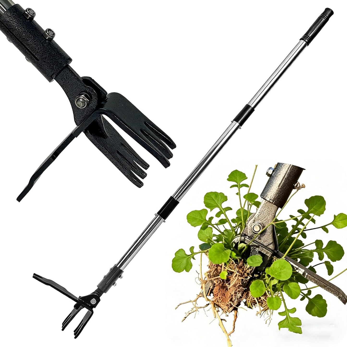 Weed Puller Tool Stand Up Hand Weeder Tool with Adjustable Long Handle, Weed Remover with Steel Head, Remove Weeds Root Easily without Bending, Pulling or Kneeling for Lawn Yard Garden (4 CLAWS)