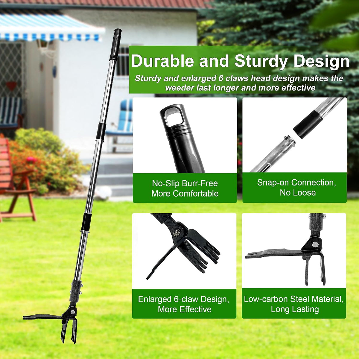 Weed Puller Tool Stand Up Hand Weeder Tool with Adjustable Long Handle, Weed Remover with Steel Head, Remove Weeds Root Easily without Bending, Pulling or Kneeling for Lawn Yard Garden (4 CLAWS)