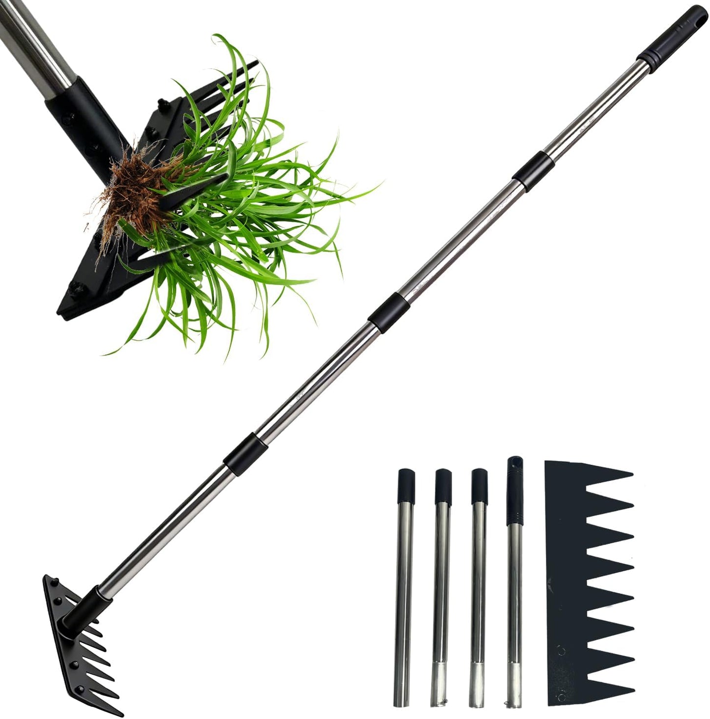 Weed Puller Tool Stand Up Hand Weeder Tool with Adjustable Long Handle, Weed Remover with Steel Head, Remove Weeds Root Easily without Bending, Pulling or Kneeling for Lawn Yard Garden (4 CLAWS)