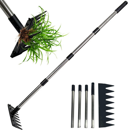 Weed Puller Tool Stand Up Hand Weeder Tool with Adjustable Long Handle, Weed Remover with Steel Head, Remove Weeds Root Easily without Bending, Pulling or Kneeling for Lawn Yard Garden (4 CLAWS)