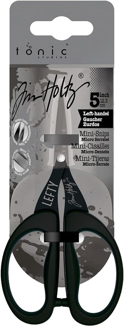 Tim Holtz Small Scissors - 5 Inch Mini Snips with Micro Serrated Blade - Craft Tool for Cutting Paper, Fabric, and Sewing - Titanium with Black Comfort Grip Handles