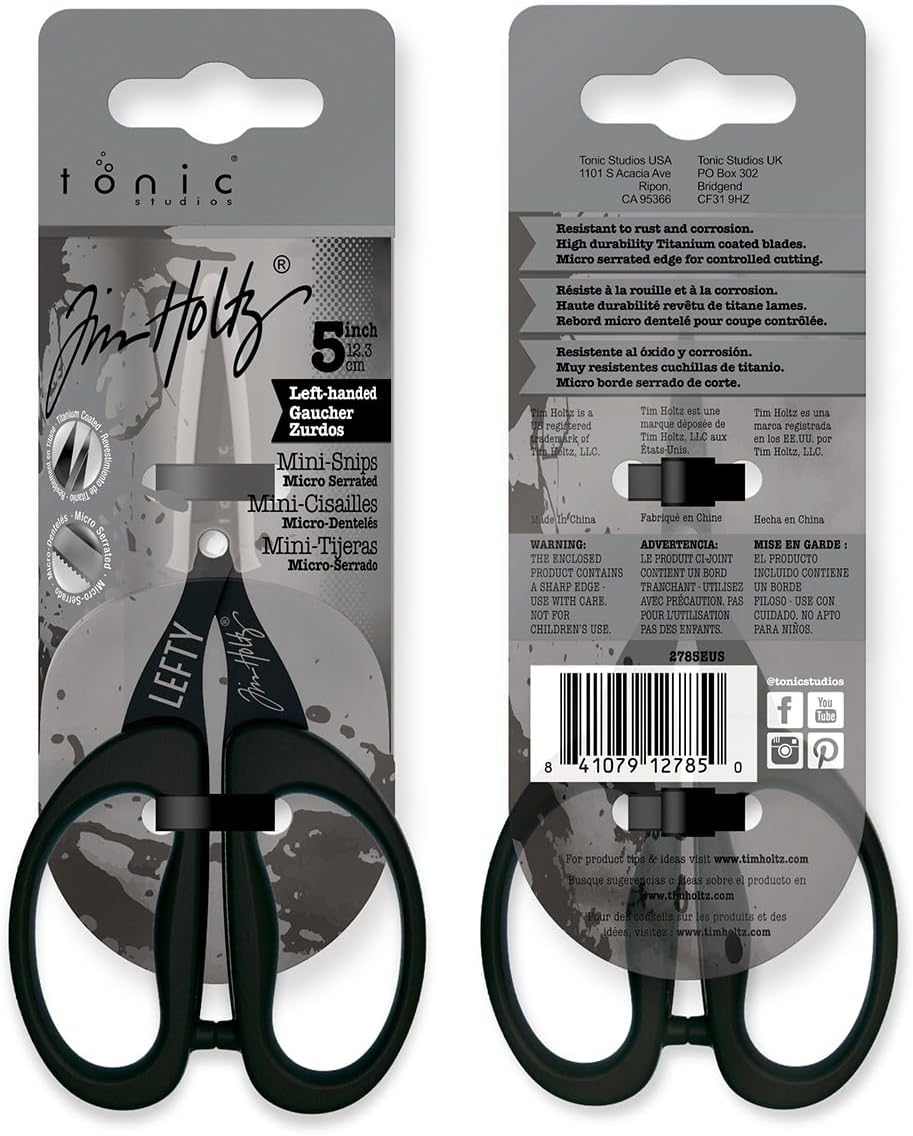 Tim Holtz Small Scissors - 5 Inch Mini Snips with Micro Serrated Blade - Craft Tool for Cutting Paper, Fabric, and Sewing - Titanium with Black Comfort Grip Handles