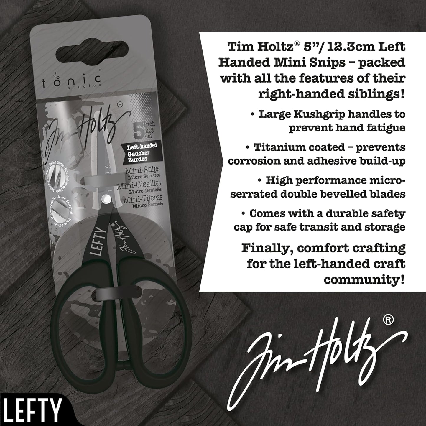 Tim Holtz Small Scissors - 5 Inch Mini Snips with Micro Serrated Blade - Craft Tool for Cutting Paper, Fabric, and Sewing - Titanium with Black Comfort Grip Handles