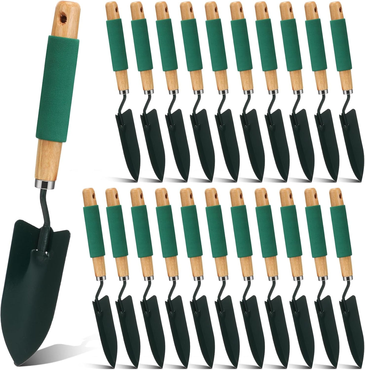24 Pcs Garden Metal Shovel Digging Trowel Wood Handle Flower Soil Planting Tool for Community Volunteer Gardening Home Lawn Farm Flower Seed Plant Planting Weeding Gardening, green