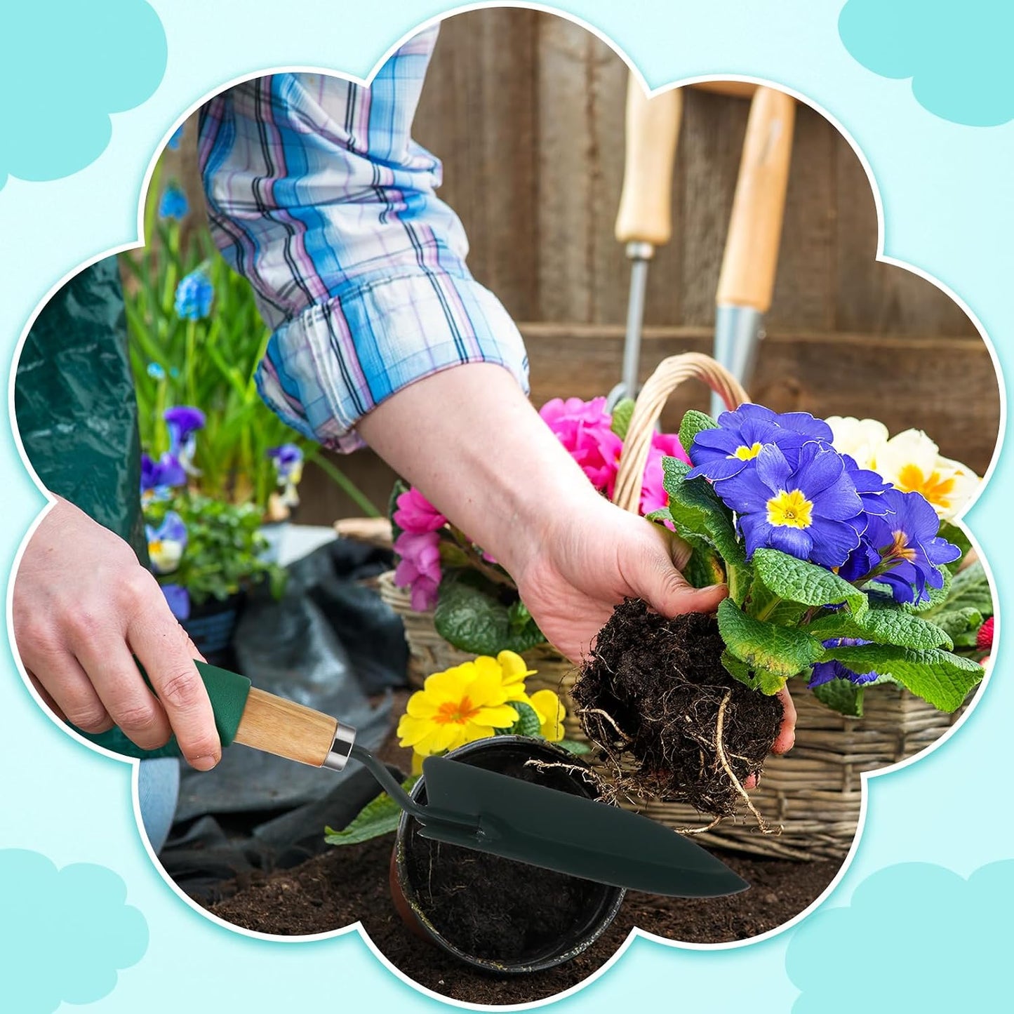 24 Pcs Garden Metal Shovel Digging Trowel Wood Handle Flower Soil Planting Tool for Community Volunteer Gardening Home Lawn Farm Flower Seed Plant Planting Weeding Gardening, green