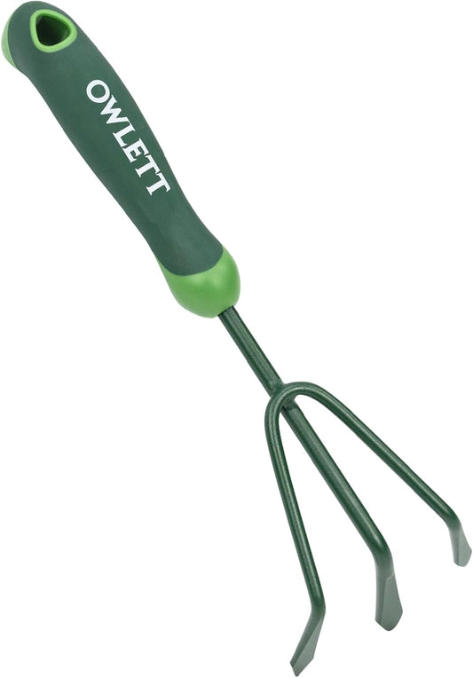 Garden Hand Rake, 3 Prong Hand Cultivator Garden Tool with Ergonomic Rubber Handle, Manual Small Hand Rake Soil Tiller for Digging, Aerating Soil, Weeding, Cultivating with Hanging Hole