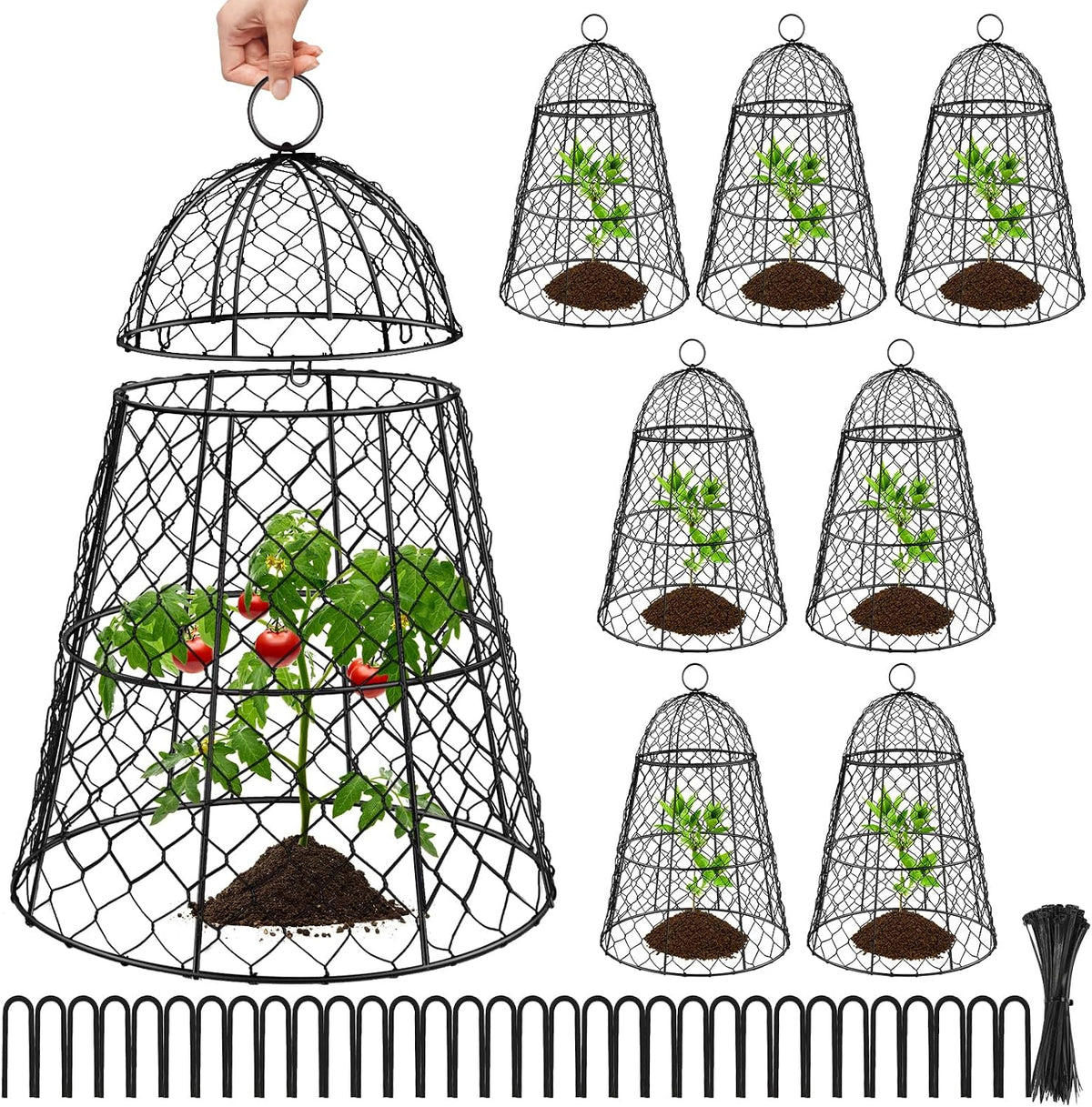 6 Pcs Garden Cloches for Plants, Metal Extra Large Chicken Wire Cloche Plant Covers, Garden Netting Plant Protectors from Animals to Keep Squirrel, Rabbit, Chicken and Bird Out 17" H x 13" D Black