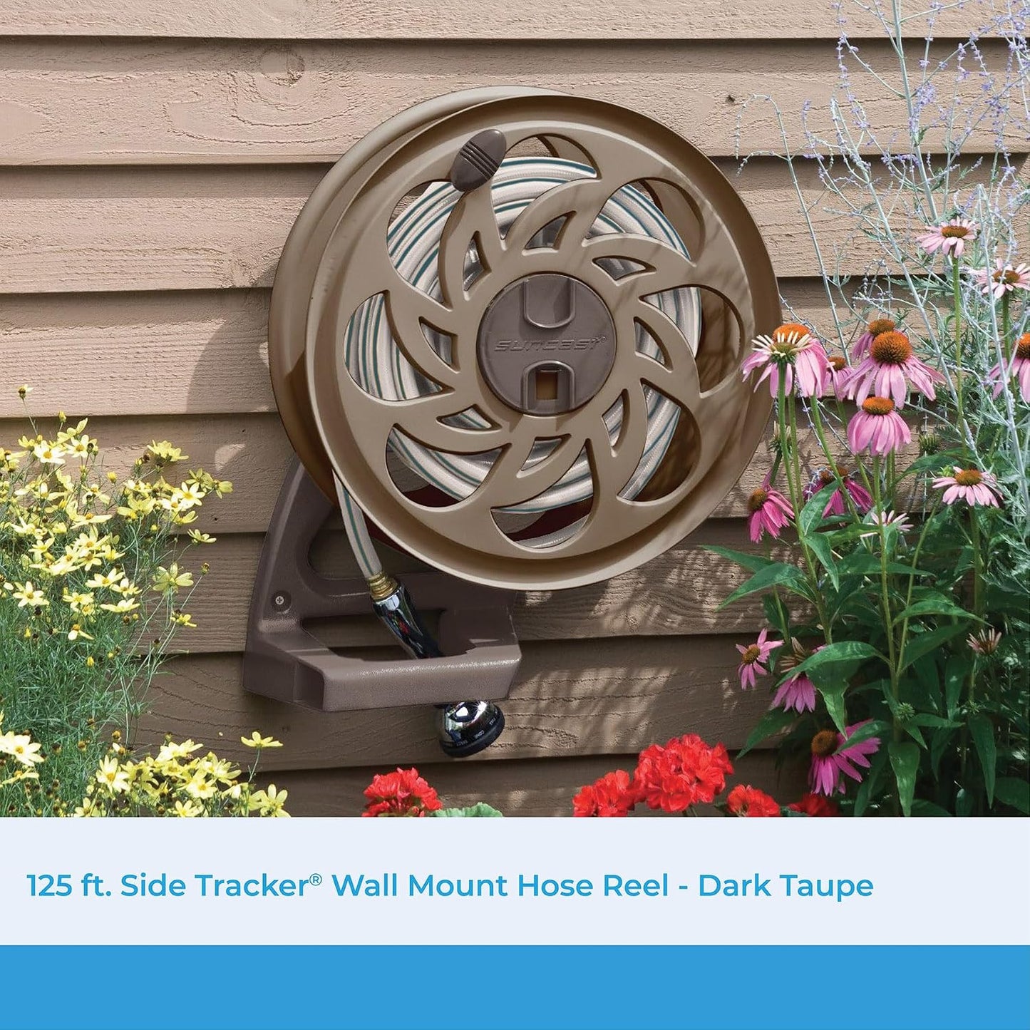 2 Pack CPLSTA125B 125' Wall-Mounted Side Tracker Garden Hose Reel for 5/8" Hose with Guide for Patio or Garden, Dark Taupe