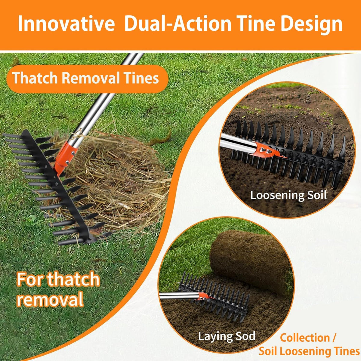 2-in-1 Thatch Rake with Dual Different Tines - Dethatcher Rake for Lawns, Versatile Lawn Rake for Thatch Removal and Soil Care, Heavy Duty Garden Rake Includes Reusable Waste Bag & Gloves