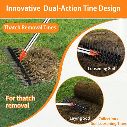 2-in-1 Thatch Rake with Dual Different Tines - Dethatcher Rake for Lawns, Versatile Lawn Rake for Thatch Removal and Soil Care, Heavy Duty Garden Rake Includes Reusable Waste Bag & Gloves