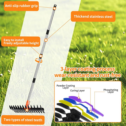 2-in-1 Thatch Rake with Dual Different Tines - Dethatcher Rake for Lawns, Versatile Lawn Rake for Thatch Removal and Soil Care, Heavy Duty Garden Rake Includes Reusable Waste Bag & Gloves