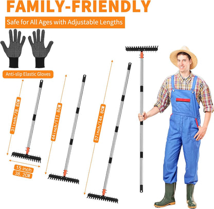 2-in-1 Thatch Rake with Dual Different Tines - Dethatcher Rake for Lawns, Versatile Lawn Rake for Thatch Removal and Soil Care, Heavy Duty Garden Rake Includes Reusable Waste Bag & Gloves