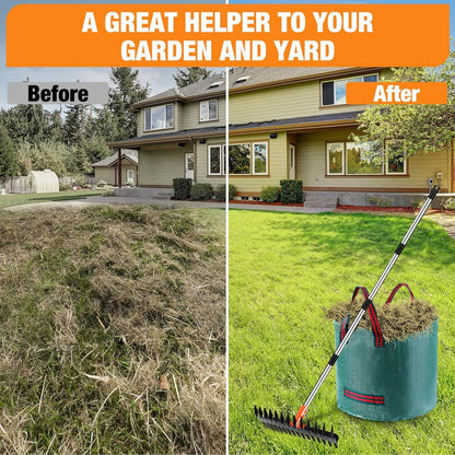 2-in-1 Thatch Rake with Dual Different Tines - Dethatcher Rake for Lawns, Versatile Lawn Rake for Thatch Removal and Soil Care, Heavy Duty Garden Rake Includes Reusable Waste Bag & Gloves