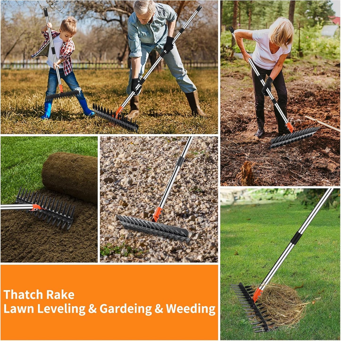 2-in-1 Thatch Rake with Dual Different Tines - Dethatcher Rake for Lawns, Versatile Lawn Rake for Thatch Removal and Soil Care, Heavy Duty Garden Rake Includes Reusable Waste Bag & Gloves