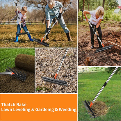 2-in-1 Thatch Rake with Dual Different Tines - Dethatcher Rake for Lawns, Versatile Lawn Rake for Thatch Removal and Soil Care, Heavy Duty Garden Rake Includes Reusable Waste Bag & Gloves