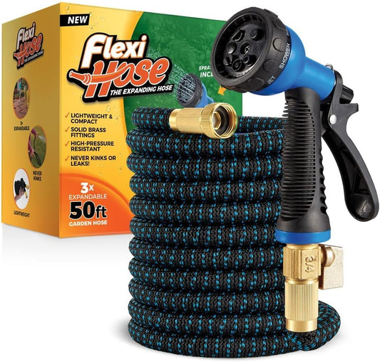 Expandable Garden Hose with 8 Function Nozzle, 50FT - Lightweight Retractable Garden Hose, Water Hose - No-Kink Flexibility, 3/4 Inch Solid Brass Fittings and Double Latex Core