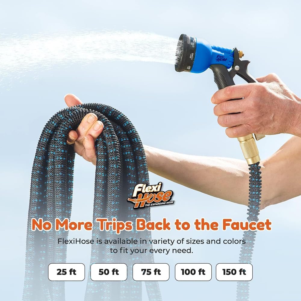 Expandable Garden Hose with 8 Function Nozzle, 50FT - Lightweight Retractable Garden Hose, Water Hose - No-Kink Flexibility, 3/4 Inch Solid Brass Fittings and Double Latex Core
