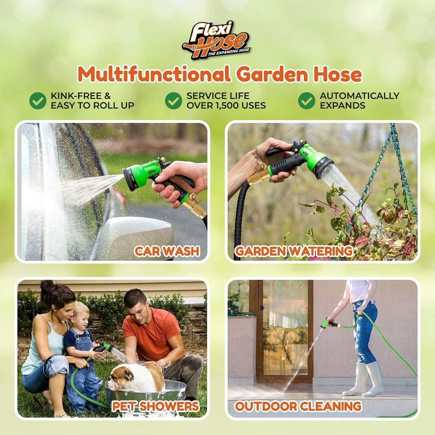 Expandable Garden Hose with 8 Function Nozzle, 50FT - Lightweight Retractable Garden Hose, Water Hose - No-Kink Flexibility, 3/4 Inch Solid Brass Fittings and Double Latex Core