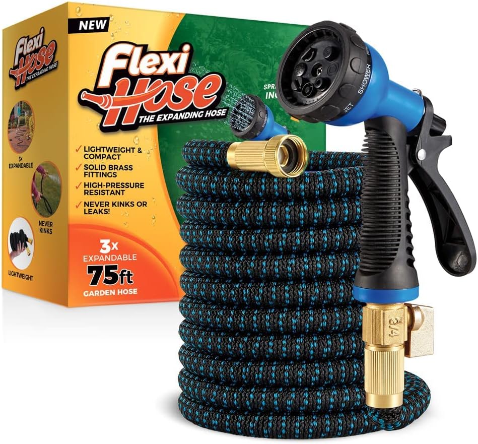 Expandable Garden Hose with 8 Function Nozzle, 50FT - Lightweight Retractable Garden Hose, Water Hose - No-Kink Flexibility, 3/4 Inch Solid Brass Fittings and Double Latex Core