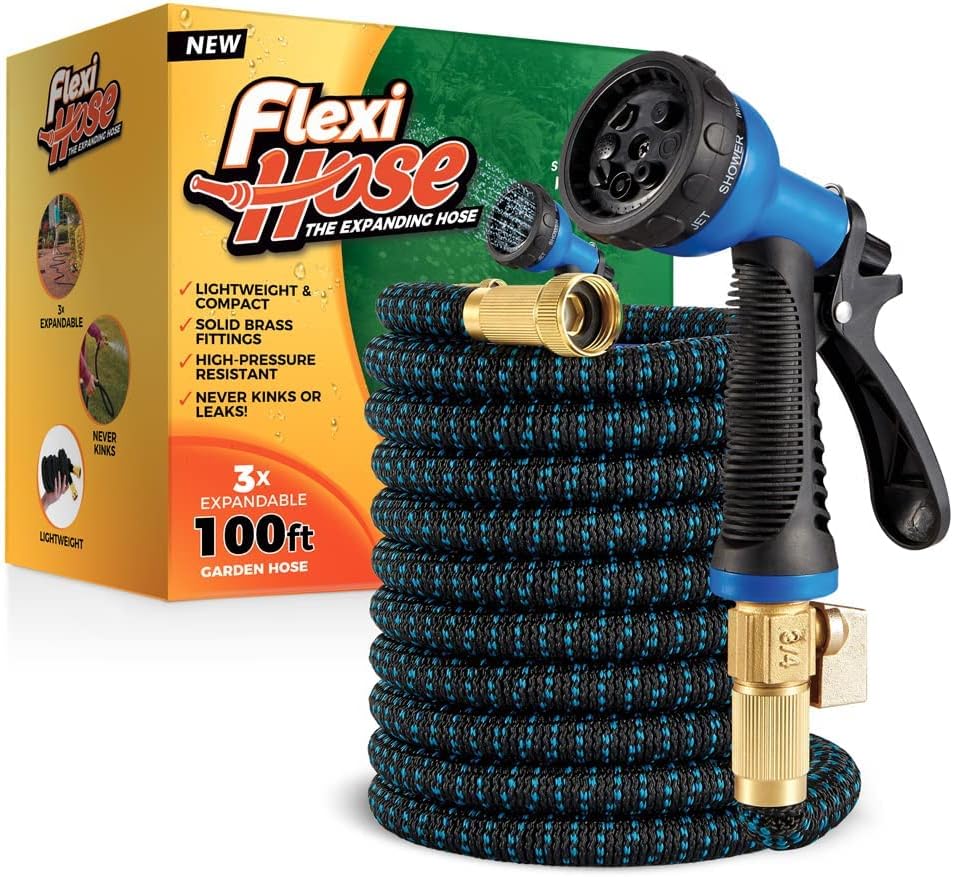 Expandable Garden Hose with 8 Function Nozzle, 50FT - Lightweight Retractable Garden Hose, Water Hose - No-Kink Flexibility, 3/4 Inch Solid Brass Fittings and Double Latex Core