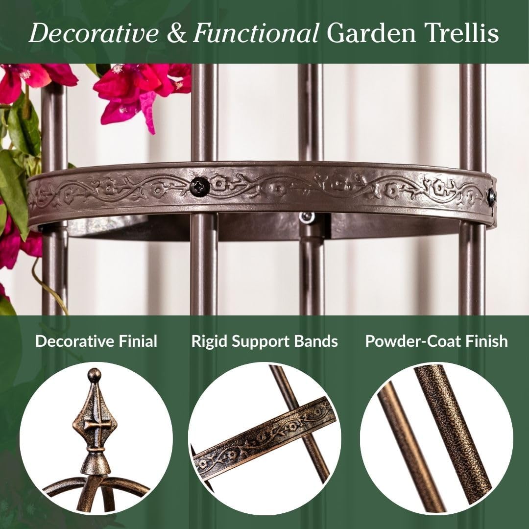 Metal Garden Obelisk | Indoor/Outdoor | Powder-Coated Steel | Trellis for Climbing | Floral Pattern | 11" Dia. x 7'H | Bronze